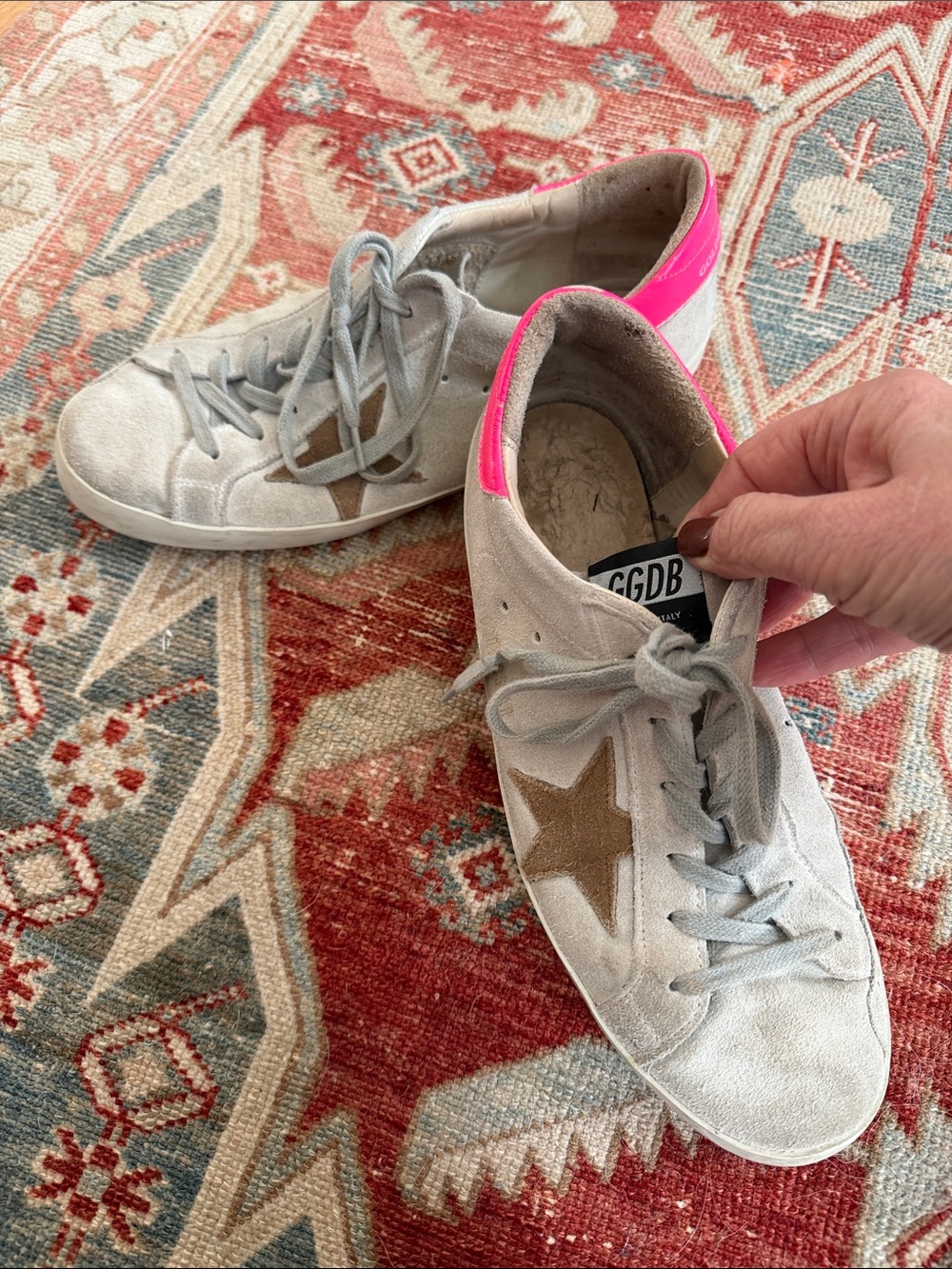 Golden Goose White Suede Sneakers with Pink Heel and Tan Star Accent